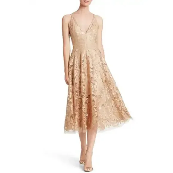 Dress the Population Sequin Lace Blair Dress Floral Gold Nude Size L NWT